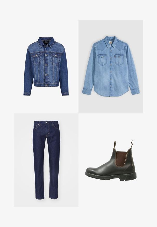 Denim jack in medium blauw, met zilverkleurige details, twee borstzakken, een knoopsluiting aan de voorkant en een klassieke kraag. Standaard pasvorm met lange mouwen.; Lichtblauw denim overhemd met lange mouwen, puntkraag, twee borstzakken met kleppen en witte drukknoopjes aan de voorkant.; Marineblauwe denim spijkerbroek met een rechte pasvorm, vijf-pocket ontwerp, contrasterende oranje stiksels en een zilveren knoopsluiting aan de taille.; Chelsea-boots van glad zwart leer met bruine elastische zijpanelen, contrasterende stiksels en een gestructureerde rubberen zool.