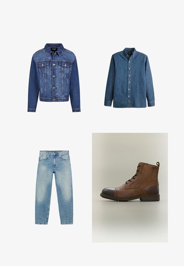 Denim jack in medium blauw, met zilverkleurige details, twee borstzakken, een knoopsluiting aan de voorkant en een klassieke kraag. Standaard pasvorm met lange mouwen.; Denim overhemd met knopen in middelblauwe kleur, met lange mouwen, een puntkraag, witte knopen en een getailleerde pasvorm met subtiele geborduurde logo.; Jeans met rechte pijpen van blauwe denim, met voorzakken en riemlussen, met lichte vervaagde details op dijen en knieën.; Bruine leren enkellaars met veters, zwarte neuskap, ronde zool en merkdetail aan de zijkant tegen een effen achtergrond.