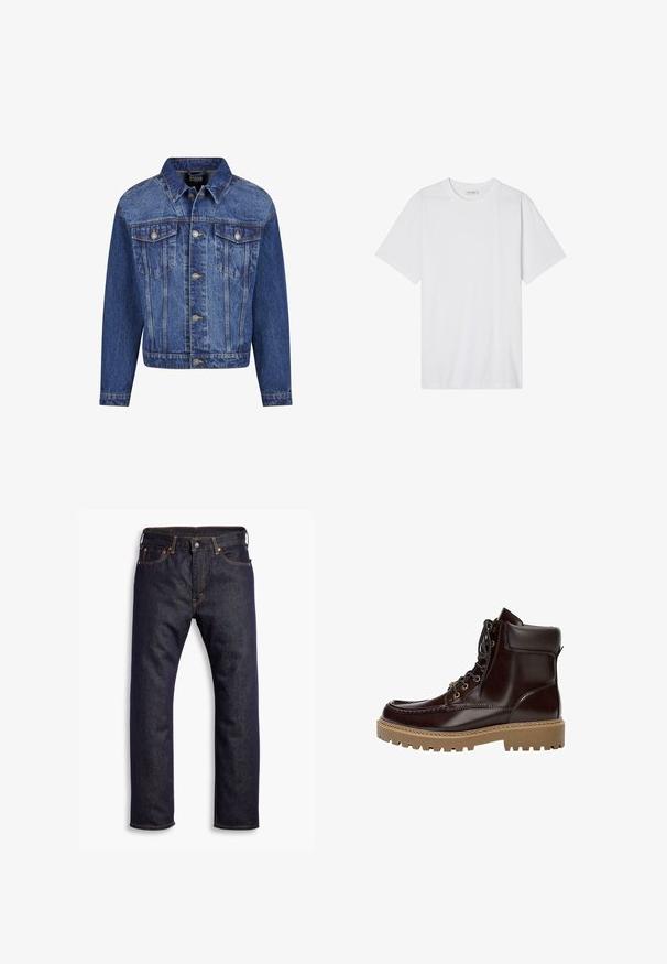 Denim jack in medium blauw, met zilverkleurige details, twee borstzakken, een knoopsluiting aan de voorkant en een klassieke kraag. Standaard pasvorm met lange mouwen.; Witte katoenen t-shirt met een ronde hals, korte mouwen en een comfortabele pasvorm; gladde textuur met schone randen en zonder patronen of versieringen.; Donkerblauwe recht gesneden denim jeans met vijf zakken en oranje contrasterende stiknaden, plat gelegd op een witte achtergrond.; Donkerbruine leren enkelboot met gewatteerde kraag, veters aan de voorkant, moc toe stiksels en dikke lichtbruine profielzool.