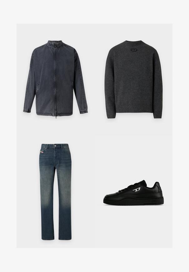 Veste décontractée noire en denim, avec col montant, fermeture éclair à l'avant et poignets élastiques. Comprend des poches latérales et une coupe décontractée.; Pull gris foncé en tissu tricoté doux, avec un col rond et des poignets et un ourlet côtelés. Comprend un petit détail de logo à l'arrière.; Jean en denim bleu à jambe droite avec lavage délavé, fermeture avant par bouton et fermeture éclair, et design à cinq poches.; Baskets basses noires avec semelle épaisse, lacets sur le devant et petit logo blanc "D" sur le côté, présentées sur un fond blanc uni.