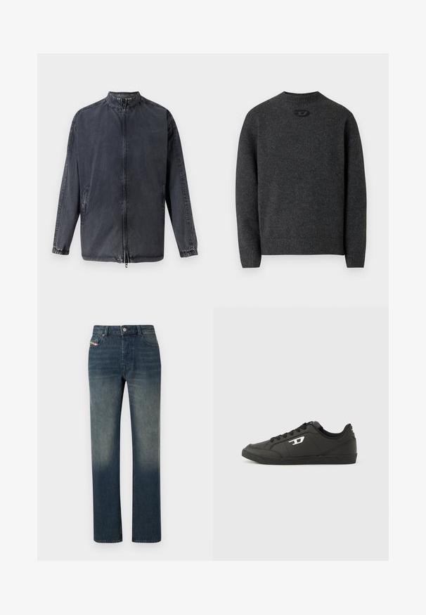 Veste décontractée noire en denim, avec col montant, fermeture éclair à l'avant et poignets élastiques. Comprend des poches latérales et une coupe décontractée.; Pull gris foncé en tissu tricoté doux, avec un col rond et des poignets et un ourlet côtelés. Comprend un petit détail de logo à l'arrière.; Jean en denim bleu à jambe droite avec lavage délavé, fermeture avant par bouton et fermeture éclair, et design à cinq poches.; Baskets synthétiques noires avec une semelle noire texturée, un bout rond et des lacets plats noirs. Logo blanc remarquablement placé sur le côté extérieur.