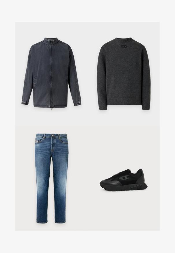 Sort afslappet jakke lavet af denim materiale, med en opretstående krave, lynlås foran og elastiske manchetter. Indeholder sidelommer og en afslappet pasform.; Mørkegrå sweater lavet af blødt strikket stof med rund halsudskæring og ribstrikkede manchetter og kant. Har et lille logodetalje på ryggen.; Blå denimjeans med lige ben, der har et klassisk design med fem lommer, lyse slidte partier og knaplukning i taljen.; Sort lavt snøresko med struktureret sål, mesh- og læderoverdel, snørebånd foran og et lille præget logo på sidepanelet.