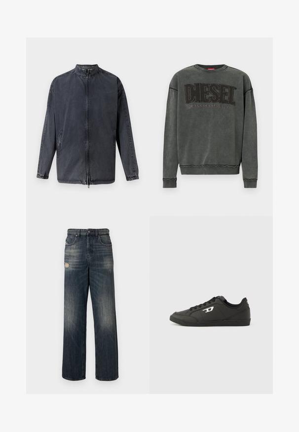 Sort afslappet jakke lavet af denim materiale, med en opretstående krave, lynlås foran og elastiske manchetter. Indeholder sidelommer og en afslappet pasform.; Kulgrå sweatshirt med lange ærmer, ribbede manchetter og kant, prydet med stor sort "DIESEL" tekst og mindre "For Successful Living" nedenunder.; Blå denimjeans med løs pasform, med slidte detaljer og en falmet vask, fem lommer og lynlåslukning.; Sorte syntetiske sneakers med en struktureret sort sål, rund tå og flade sorte snørebånd. Fremtrædende hvidt logo på ydersiden.