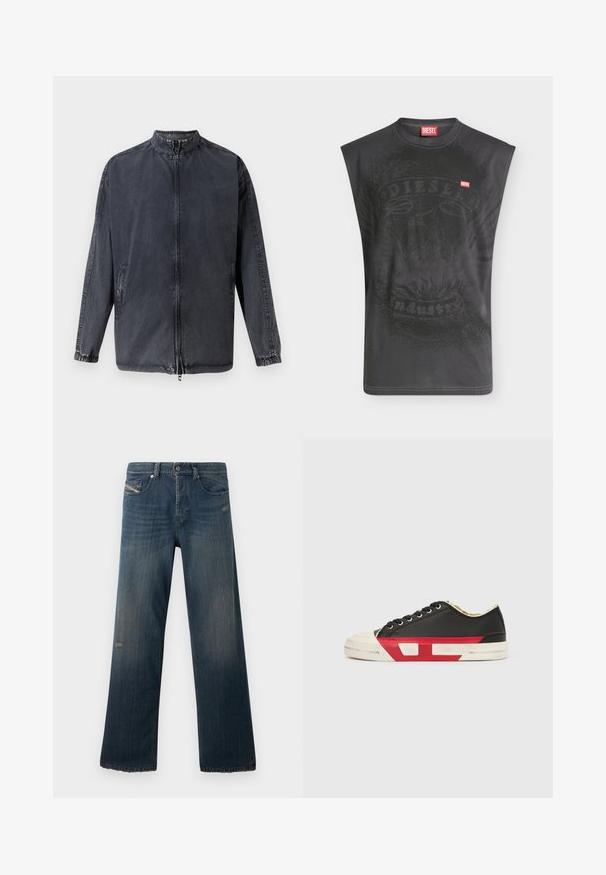 Schwarze lässige Jacke aus Denim-Material, mit Stehkragen, Reißverschluss vorne und elastischen Bündchen. Mit seitlichen Taschen und lässiger Passform.; Ärmelloses schwarzes Diesel-T-Shirt mit dezentem Adlermotiv und kleinem roten Diesel-Logo-Patch auf der Brust.; Blaue Jeans aus Denim mit einem geraden Bein, verblasster Textur, fransigem Saum und abgenutzten Details an der vorderen Tasche und im Oberschenkelbereich.; Schwarzer Leinensneaker mit roten Akzenten, Gummizehenschutz und weißer Sohle. Verfügt über schwarze Schnürsenkel und ein strukturiertes Design an der Seite.