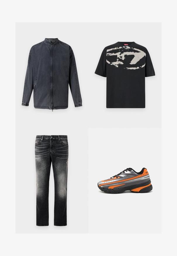 Sort afslappet jakke lavet af denim materiale, med en opretstående krave, lynlås foran og elastiske manchetter. Indeholder sidelommer og en afslappet pasform.; Sort t-shirt med et stort, abstrakt lys grå grafik foran. Korte ærmer og en klassisk rund halsudskæring. Materialet er bomuld.; Sorte jeans med en falmet finish og slidte detaljer, standard fem-pockets design og lynlås. Lavet af denim stof.; Sportsko med en sølv- og sort mesh-overdel, orange detaljer, tekstureret sål, kontrasterende striber og sorte snørebånd.