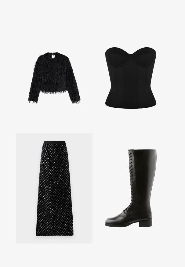 Zwarte lange mouwen jas met een harige, textuurachtige vachtachtige uitstraling, ronde halslijn en cropped lengte.; Strapless zwart corsettop met gestructureerde cups en een aansluitende taille, ontworpen voor vormgeving en ondersteuning.; Zwarte fluwelen maxi rok versierd met een diamanten sequins patroon, met een soepele tailleband en een rechte silhouet.; Zwarte leren laarzen tot de knie met een vetersluiting aan de voorkant, ronde neus en blokhak, met een gladde textuur en geen zichtbare patronen.