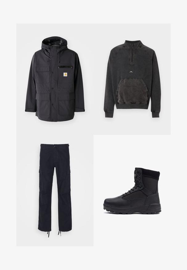 Sort hættetrøje lavet af et glat stof, med flere frontlommer, en lynlås brystlomme og et logo-patch.; Sort sweatshirts med halv lynlås, kængurulomme, ribstrikkede manchetter og kant samt lille "A C W" logo på brystet.; Sorte cargo-bukser med en afslappet pasform, der har sidelommer, en knaplukning og justerbare manchetter. Fremstillet af slidstærkt bomuldsstof.; Sort taktisk støvle med en glat læderoverdel og stofpaneler, høj ankeldesign, snørebånd foran og slidstærk gummisål.