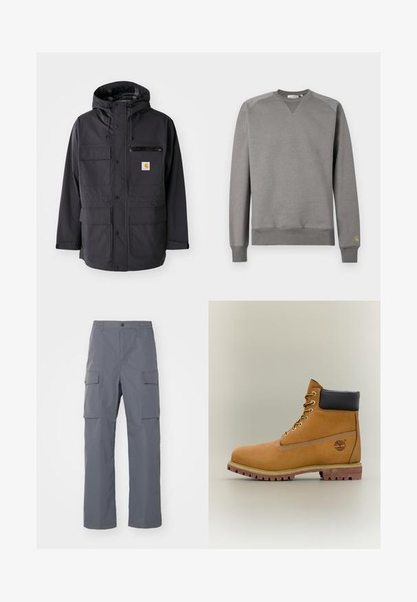 Schwarze Kapuzenjacke aus glattem Material, ausgestattet mit mehreren Vordertaschen, einer mit Reißverschluss versehenen Brusttasche und einem Logopatch.; Grauer Pullover aus weichem Stoff. Verfügt über gerippte Bündchen und Saum, einen Rundhalsausschnitt und ein kleines grünes Logo auf dem linken Ärmel.; Grau Cargo-Hosen aus strapazierfähigem Stoff. Zu den Merkmalen gehören ein elastischer Bund, zwei große Seitentaschen und ein gerader Schnitt.; Brauner Leder-Stiefelette mit schwarzem Kragen, gelben Schnürsenkeln und hellbrauner Sohle. Verfügt über ein Logo und weiße Ziernähe. Robuste Profilsohle.