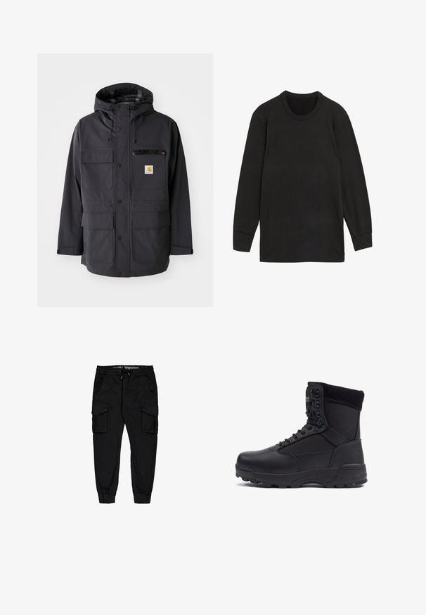 Chaqueta negra con capucha de tela suave, con múltiples bolsillos frontales, un bolsillo de pecho con cremallera y un parche de logo.; Top negro de manga larga y canalé con cuello redondo y puños ajustados, hecho de una tela texturizada, con un corte recto y sin gráficos visibles.; Pantalones cargo negros hechos de tejido ligero, con cinturilla elástica, cordón y múltiples bolsillos laterales con puños ajustados.; Bota táctica negra con parte superior de piel lisa y paneles de tela, diseño de tobillo alto, cierre con cordones y suela de goma resistente.