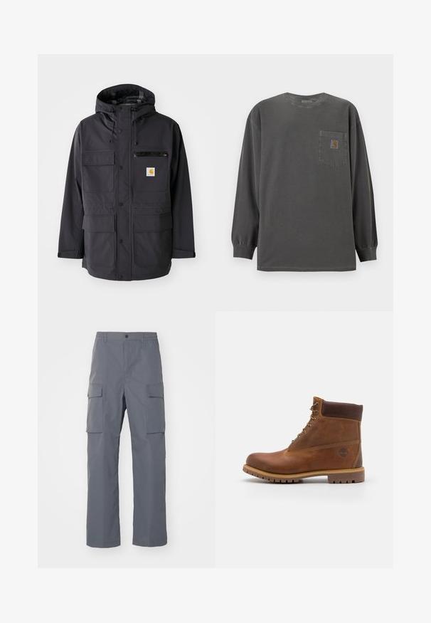 Chaqueta negra con capucha de tela suave, con múltiples bolsillos frontales, un bolsillo de pecho con cremallera y un parche de logo.; Camiseta de manga larga y cuello redondo de color gris oscuro con un bolsillo en el pecho que lleva un pequeño parche con el logo de Carhartt.; Pantalones cargo grises hechos de una tela duradera. Las características incluyen una cinturilla elástica, dos grandes bolsillos laterales y un corte recto.; Botas de senderismo de cuero marrón con un acabado suave, tobillo acolchado, ojales de metal y suela de goma con un patrón de tracción robusto.