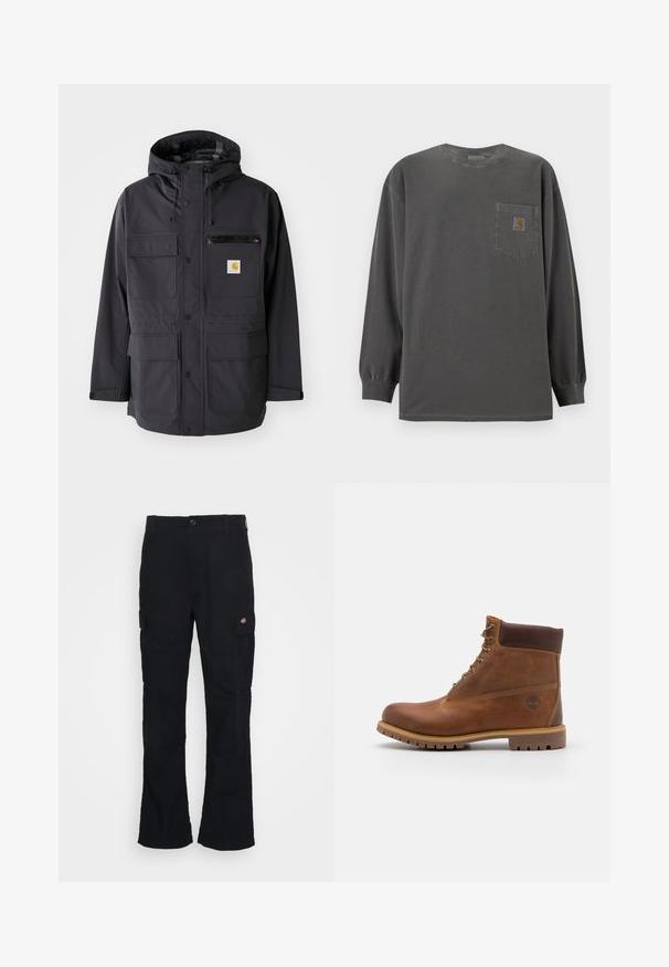 Schwarze Kapuzenjacke aus glattem Material, ausgestattet mit mehreren Vordertaschen, einer mit Reißverschluss versehenen Brusttasche und einem Logopatch.; Dunkelgraues Langarmshirt mit Rundhalsausschnitt und einer Brusttasche mit kleinem Carhartt-Logo auf der Tasche.; Schwarze Cargo-Hose mit geradem Bein, aus strapazierfähigem Stoff gefertigt, mit Seitentaschen und einem aufgenähten Logo auf der linken Seite.; Braune Lederwanderschuhe mit glatter Oberfläche, gepolstertem Knöchel, Metallösen und einer Gummisohle mit robustem Profil.
