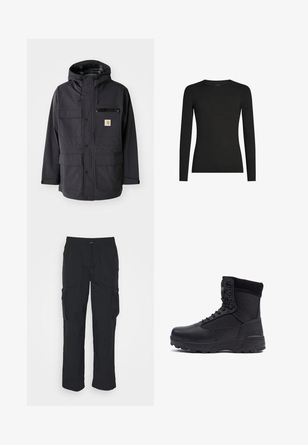 Schwarze Kapuzenjacke aus glattem Material, ausgestattet mit mehreren Vordertaschen, einer mit Reißverschluss versehenen Brusttasche und einem Logopatch.; Schwarzes, langärmeliges, figurbetontes T-Shirt mit Rundhalsausschnitt und dezentem Icebreaker-Logo auf dem linken Ärmel, dargestellt vor weißem Hintergrund.; Schwarze Cargo-Hosen aus gewebtem Stoff. Mit verstellbarem Bund, Seitentaschen und zwei Utility-Taschen mit Reißverschlüssen.; Schwarzer taktischer Stiefel mit einem glatten Lederoberteil und Stoffpaneelen, hoher Knöchelgestaltung, schnürbarem vorderen Teil und robustem Gummisohle.