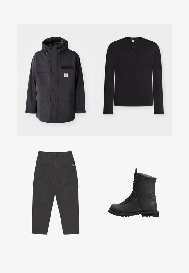 Sort hættetrøje lavet af et glat stof, med flere frontlommer, en lynlås brystlomme og et logo-patch.; Sort langærmet henley-shirt med tre knapper på knapstolpen, rund halsudskæring og et mærke i medium størrelse inde i kraven.; Sorte cargo bukser med en afslappet pasform, der har flere lommer, en knaplukning og et struktureret stof.; Sort lædervandrestøvle med tekstureret overflade, polstret krave og tyk gummisåle. Har metaløjer og kontrasterende sorte detaljer.