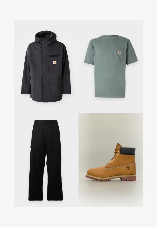 Zwarte hooded jacket van een gladde stof, met meerdere voorkruiszakken, een ritszak op de borst en een logo patch.; Lichtgroen katoenen T-shirt met korte mouwen en een borstzakje met een logo. Zachte textuur en klassieke ronde hals.; Zwarte cargobroek gemaakt van een duurzaam stof, met een wijde pijp, meerdere zijzakken en een rechte snit.; Bruine leren enkellaars met zwarte kraag, gele veters en een zandkleurige zool. Voorzien van een logo en witte stikseldetails. Robuuste loopzool met grip.