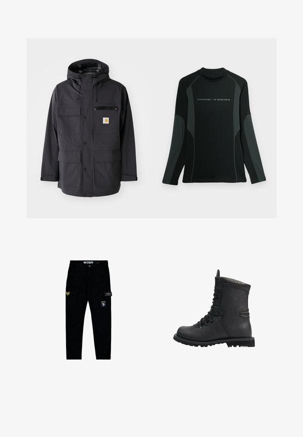 Chaqueta negra con capucha de tela suave, con múltiples bolsillos frontales, un bolsillo de pecho con cremallera y un parche de logo.; Camisa negra de manga larga con cuello alto, hecha de una tela texturizada. Presenta paneles laterales grises y el logo "NIKE TECH" en el pecho.; Pantalones cargo negros con cierre de botón, bolsillos frontales y tres parches de estilo militar en la parte superior de las piernas.; Bota de senderismo de cuero negro con acabado texturizado, cuello acolchado y suela de goma gruesa. Presenta ojales de metal y acentos negros contrastantes.