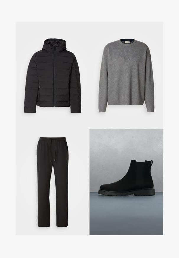 Zwarte gevoerde jack met capuchon, met horizontale naden, een ritssluiting aan de voorkant en zijzakken. Glad textuur, lichtgewicht ontwerp.; Grijze gebreide sweatshirt met een ronde hals, voorzien van een reliëf "ck" logo op de borst en geribde manchetten. Zachte textuur, ontspannen pasvorm.; Zwarte joggingbroeken van lichtgewicht stof, met een elastische tailleband en verstelbare trekkoorden, evenals zijzakken. Soepele textuur.; Zwarte enkelboot van soepel materiaal met subtiele stiksels, een rubberen zool en een slank ontwerp, gepositioneerd boven een houten textuur.