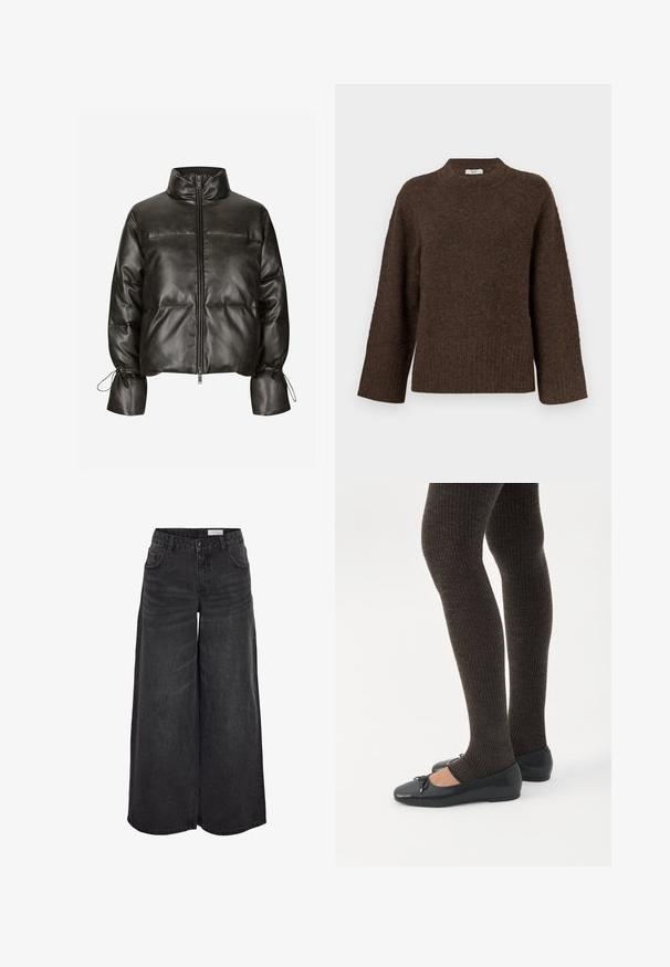 Veste matelassée en simili cuir noir avec un col montant, une fermeture éclair à l'avant et des poignets élastiques. Présente un design matelassé et des détails froncés.; Pull en maille marron avec un col montant, des manches larges, un ourlet côtelé et une texture douce. Présente une coupe décontractée et un design minimaliste.; Pantalons en denim noir à jambes larges avec taille haute, poches avant et texture subtile ; conçus pour un ajustement décontracté.; Jambes portant des leggings côtelés foncés associés à des ballerines noires avec de petits détails en nœud sur fond blanc.