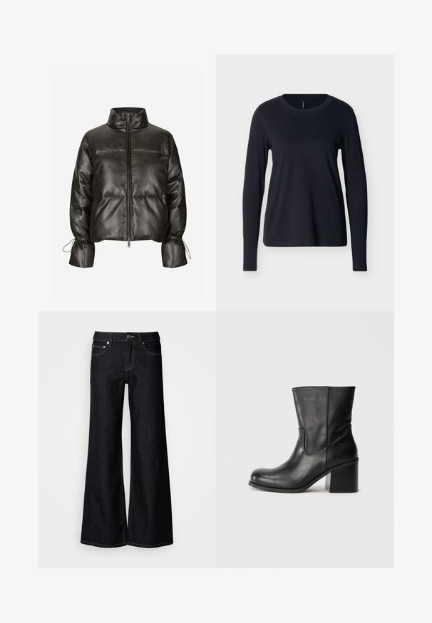 Veste matelassée en simili cuir noir avec un col montant, une fermeture éclair à l'avant et des poignets élastiques. Présente un design matelassé et des détails froncés.; Chemise noire à manches longues et col rond, étalée à plat sur un fond blanc, vue de face avec un design propre et simple.; Jean en denim foncé à jambes larges avec une taille haute, un design à cinq poches et une couture contrastée jaune le long des coutures.; Bottine en cuir noir à bout rond, détails de coutures latérales et talon bloc épais. Texture lisse et design minimaliste.
