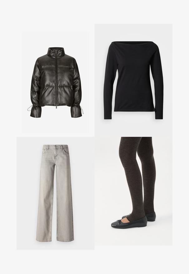 Veste matelassée en simili cuir noir avec un col montant, une fermeture éclair à l'avant et des poignets élastiques. Présente un design matelassé et des détails froncés.; Haut noir à manches longues avec un large décolleté bateau, fabriqué en tissu lisse et extensible, présentant une coupe ajustée et un design minimaliste.; Jean large gris clair en denim, avec un design à cinq poches, fermeture à bouton à l'avant et texture légèrement délavée.; Jambes portant des leggings côtelés foncés associés à des ballerines noires avec de petits détails en nœud sur fond blanc.