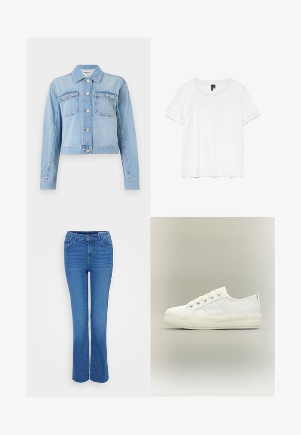 Chaqueta de denim azul claro con un diseño corto, que presenta dos bolsillos en el pecho, botones plateados y adornos de strass dispersos.; Camiseta blanca de manga corta con un cuello redondo, hecha de tejido ligero. Diseño simple, textura suave y dobladillo recto.; Jeans de denim azul acampanados con una cintura de altura media, diseño de cinco bolsillos y un leve desvanecimiento en la parte frontal, con trabillas para el cinturón y cierre de cremallera.; Zapatilla deportiva blanca de caña baja con suela gruesa acanalada, cordones delanteros y tira para tirar en el talón sobre un fondo neutro.