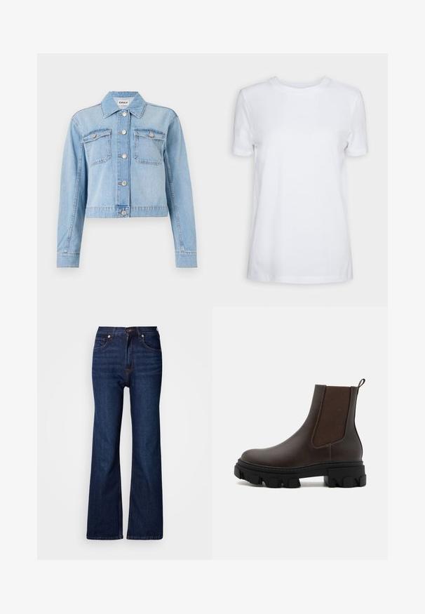 Chaqueta de denim azul claro con un diseño corto, que presenta dos bolsillos en el pecho, botones plateados y adornos de strass dispersos.; Camiseta blanca lisa de manga corta con cuello redondo, ajuste regular y una pequeña etiqueta interior en el cuello que dice "SELECTED FEMME."; Vaqueros acampanados de mezclilla azul oscuro con cinco bolsillos, cierre de botones y detalles de costura en contraste. Textura suave con una apariencia resistente.; Botas Chelsea de cuero marrón con paneles laterales elásticos, acentos de tela texturizada, suela de goma negra gruesa y una lengüeta en la parte posterior.