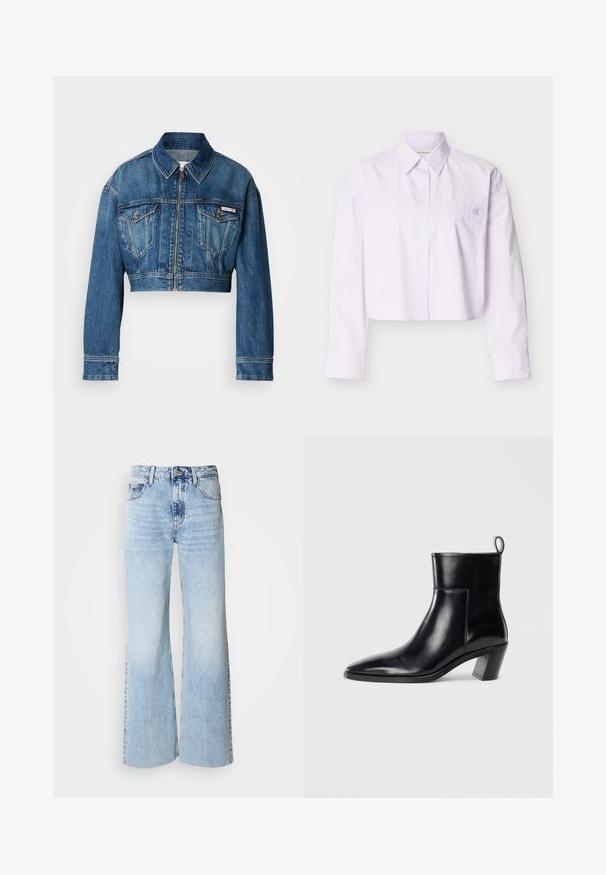 Gekürzte Jeansjacke in mittlerem Blauton. Verfügt über einen spitzen Kragen, einen Reißverschluss, zwei Brusttaschen und lange Ärmel mit Knopfdetails.; Gekürztes Lavendel-Hemd mit langen Ärmeln, spitzem Kragen, Brusttasche und subtiler Logo-Stickerei auf der Tasche.; Helle blaue, weite Jeans mit verblasster Denim-Textur, hoher Taille und klassischem Fünf-Taschen-Design. Mit Knopf- und Reißverschluss.; Schwarze Leder-Ankleboots mit spitzem Zeh, geometrischem Blockabsatz und einem Zugband hinten. Glatte Textur und elegantes Design.