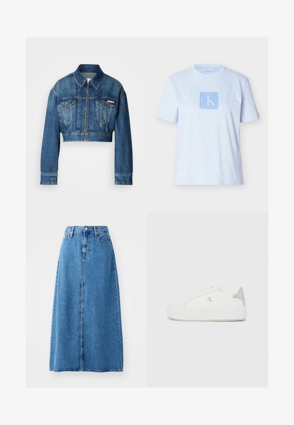 Kort denimjakke i mellemblå vask. Har en spids krave, lynlås-lukning, to brystlommer og lange ærmer med manchet-detaljer.; Lyseblå bomuld T-shirt med et firkantet grafisk logo i en mørkere blå farve. Kortærmet og rund halsudskæring med en afslappet pasform.; Blå denim maxi nederdel med frontknaplukning, to lommer og lige design med rå kant. Klassisk og alsidig.; Hvide lærredssneakers med en tyk hvid sål, prydet med en metallic sølvaccent på hælen og en diskret logo-detalje på siden.