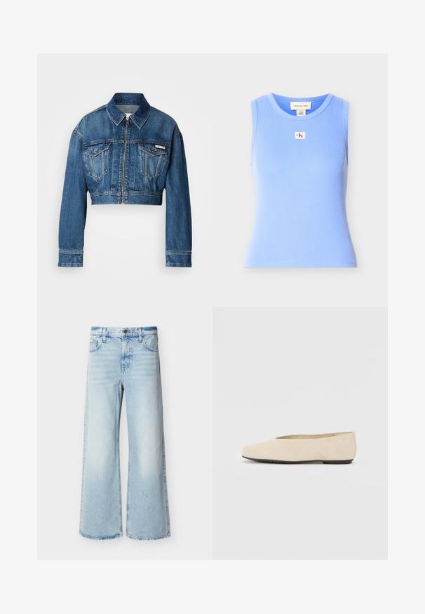 Kort denimjakke i mellemblå vask. Har en spids krave, lynlås-lukning, to brystlommer og lange ærmer med manchet-detaljer.; Ærmeløs lyseblå ribstrikket tanktop med rund halsudskæring og lille Calvin Klein Jeans logopatch centreret på brystet.; Lyseblå højtaljede viddeben jeans med forlommer, bæltestropper og knaplukning.; Beige ruskind ballerina med rund tå, flad sål og minimalistisk design. Glat tekstur uden synligt hardware eller udsmykninger.