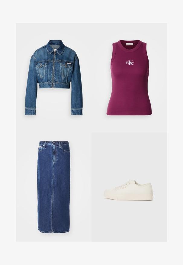 Gekürzte Jeansjacke in mittlerem Blauton. Verfügt über einen spitzen Kragen, einen Reißverschluss, zwei Brusttaschen und lange Ärmel mit Knopfdetails.; Geripptes, ärmelloses Tanktop in Dunkellila mit Rundhalsausschnitt und weißem "Calvin Klein"-Logo auf der Brust. Weicher Stoff mit figurbetontem Schnitt.; Denimrock in Dunkelblau, knielang, mit einem vorderen Schlitz, traditionellem Bund und Fünf-Taschen-Design mit kontrastierenden Nähten.; Sneaker aus off-weißem Canvas, mit einem Low-Top-Design, runder Zehenpartie und flacher Gummisohle mit dezenten Nähdetails.