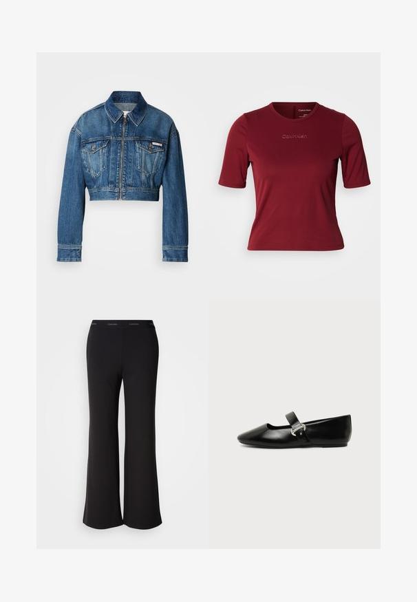 Kort denimjakke i mellemblå vask. Har en spids krave, lynlås-lukning, to brystlommer og lange ærmer med manchet-detaljer.; Mørkerød T-shirt med korte ærmer lavet af glat stof med rund halsudskæring. Har præget "Calvin Klein"-logo foran.; Sorte vide bukser lavet af blødt stof med en bred linning med Calvin Klein-logoet. Glat tekstur, hel-langde design.; Sort læder Mary Jane-flad sko med rundet tå og sølvspænde på ensfarvet baggrund.