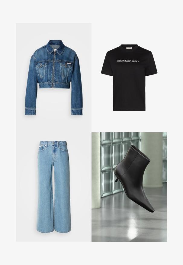 Veste en denim coupée dans un bleu délavé moyen. Elle possède un col pointu, une fermeture éclair, deux poches poitrine et des manches longues avec des détails de poignet.; T-shirt noir à manches courtes avec texte blanc "Calvin Klein Jeans" centré sur la poitrine et col rond.; Jean large bleu clair en denim, avec une taille haute, un design à cinq poches et un léger dégradé sur le tissu.; Bottine en cuir noir avec bout pointu et petit talon, présentée devant un mur en blocs de verre et un sol poli.
