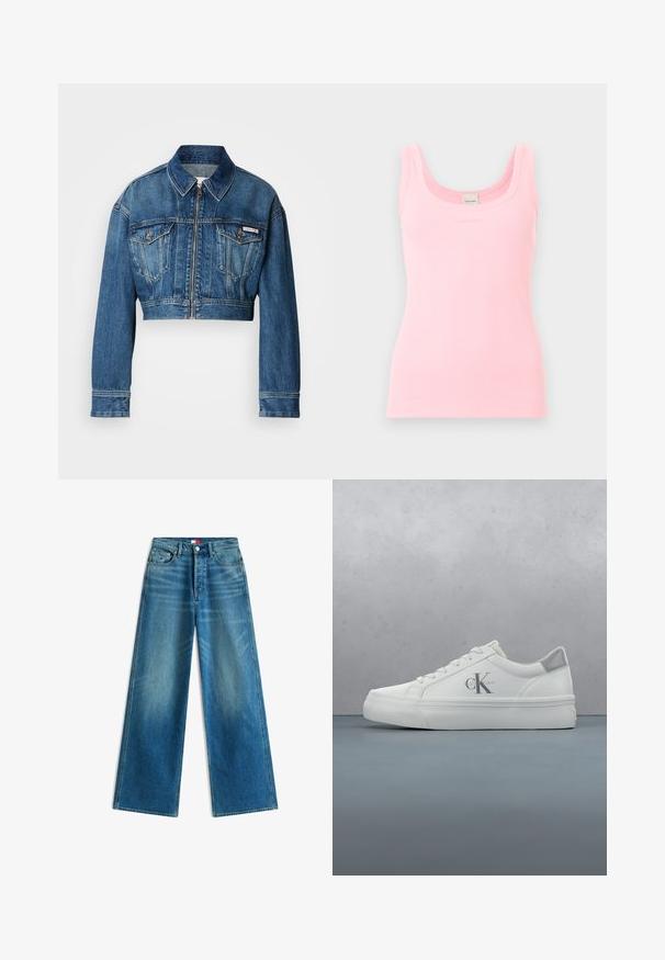 Gekürzte Jeansjacke in mittlerem Blauton. Verfügt über einen spitzen Kragen, einen Reißverschluss, zwei Brusttaschen und lange Ärmel mit Knopfdetails.; Hellrosa geripptes ärmelloses Tanktop mit Rundhalsausschnitt und Calvin Klein Etikett am inneren Rückenkragen.; Blaue Jeans mit weitem Bein, Fronttaschen, Gürtelschlaufen, Knopfverschluss und kleinen Markenflaggen-Details an Tasche und Bund.; Weiße Ledersneaker mit flacher Sohle, ausgestattet mit einem dezenten grauen Akzent an der Ferse und einem auffälligen 'CK'-Logo an der Seite.