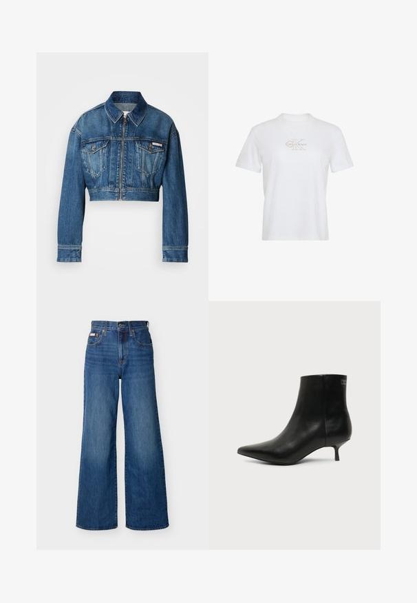 Gesneden spijkerjack in medium gewassen blauw. Beschikt over een puntige kraag, ritssluiting, twee borstzakken en lange mouwen met manchetdetails.; Wit T-shirt met korte mouwen, ronde hals en lichtbeige Calvin Klein-logo gecentreerd op de borst.; Blauwe wijde denim jeans met hoge taille, knopen aan de voorkant, rits en vijfzakkenontwerp tegen een effen achtergrond.; Zwart leren enkellaars met puntige neus en lage kittenhak op lichte achtergrond, zijaanzicht buitenkant.