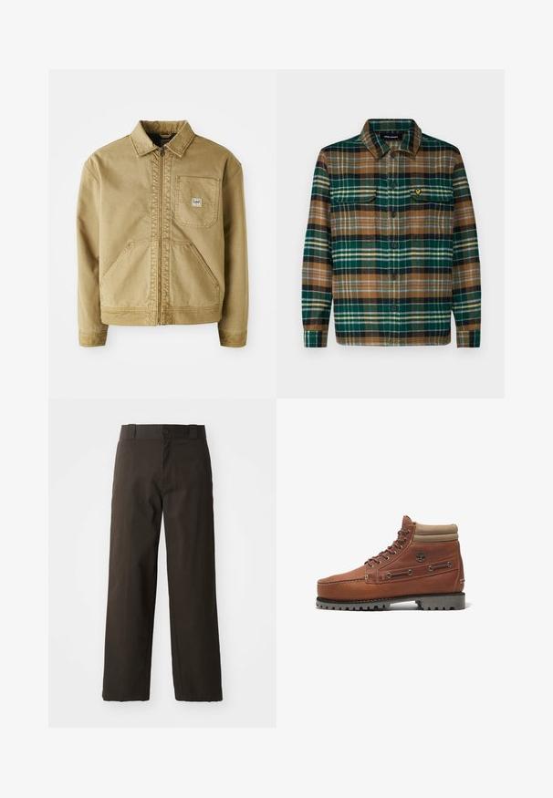 Chaqueta marrón con cierre de cremallera en el frente, cuello puntiagudo, bolsillo en el pecho y grandes bolsillos laterales. Hecha de tela resistente con detalles de costura visibles.; Camisa de franela a cuadros en verde, marrón y negro con cierre de botones en la parte delantera, dos bolsillos en el pecho y un pequeño logo bordado en el bolsillo izquierdo.; Pantalones de algodón negros con un diseño de pierna recta, que cuentan con un cierre de botón y una cinturilla clásica. Textura suave, sin patrones ni acentos.; Botín de cuero marrón con un collar acolchado en contraste en tono canela, ojales metálicos y una suela de goma texturizada con profundas bandas de rodadura.