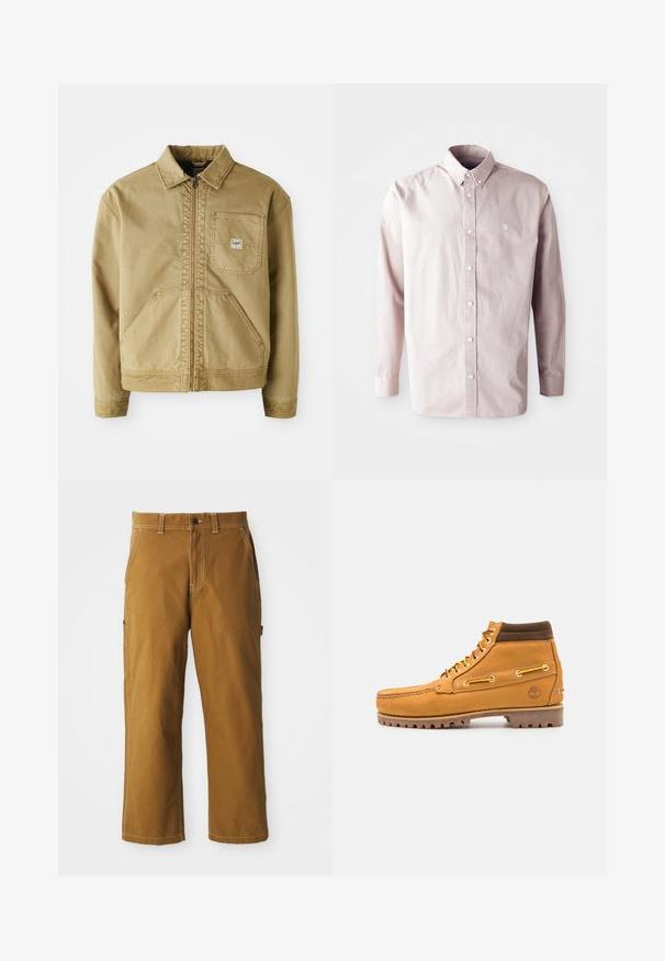 Chaqueta marrón con cierre de cremallera en el frente, cuello puntiagudo, bolsillo en el pecho y grandes bolsillos laterales. Hecha de tela resistente con detalles de costura visibles.; Camisa de manga larga rosa claro, de botón, hecha de algodón, con un collar clásico, botones frontales y un pequeño logo en el lado izquierdo del pecho.; Pantalones de algodón marrón con corte recto, costuras reforzadas y bolsillos laterales. Cuenta con un cierre de botón y trabillas para cinturón en la cintura.; Timberland AUTHENTIC MID LACE BOOT - Botines con cordones - wheat