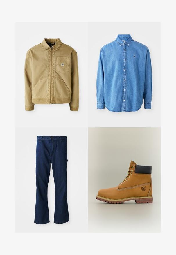 Tan jas met een ritssluiting aan de voorkant, spitse kraag, borstzak en grote zijzakken. Gemaakt van stevig materiaal met zichtbare stikseldetails.; Denim button-up shirt, lichtblauw van kleur, met een puntkraag, lange mouwen en een klein logo op de borst. Voorzien van witte knopen en gestikte naden.; Blauwe spijkerbroeken met een rechte pijpdesign, een knoopsluiting en twee zijzakken met een lichte vervaging in textuur.; Bruine leren enkellaars met zwarte kraag, gele veters en een zandkleurige zool. Voorzien van een logo en witte stikseldetails. Robuuste loopzool met grip.