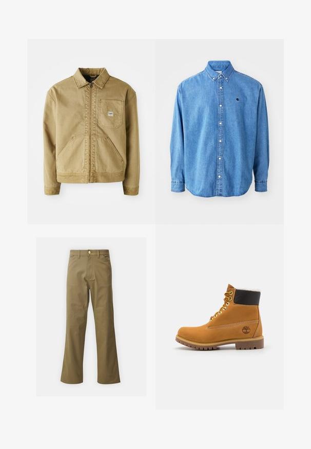 Beige Jacke mit Reißverschluss, spitzem Kragen, Brusttasche und großen seitlichen Taschen. Hergestellt aus robuster Stoff mit sichtbaren Nähten.; Denim-Hemd mit Knöpfen, hellblau, mit Punktkragen, langen Ärmeln und kleinem Logo auf der Brust. Verfügt über weiße Knöpfe und genähte Nähte.; Braune, weit geschnittene Baumwollhosen mit flachem Vorderteil, Gürtelschlaufen und goldfarbigem Knopfverschluss. Glatte Textur ohne sichtbare Muster.; Braune Leder-Ankle-Boots mit Metallösen, weißem Kunstfellfutter, schwarzem gepolstertem Kragen, robustem Sohlenprofil und geprägtem Logo an der Seite.
