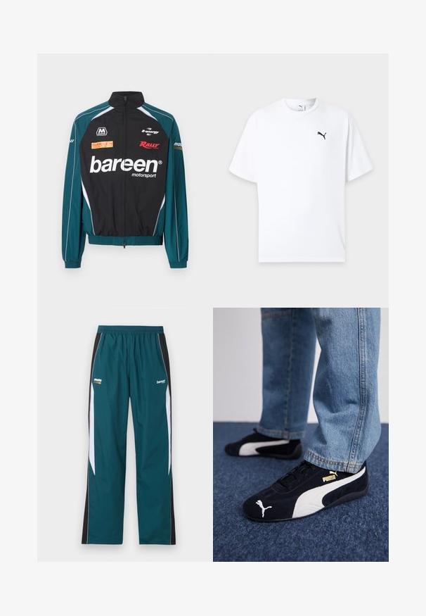Veste de sport automobile noire et bleu sarcelle avec fermeture éclair intégrale à l'avant, logos "bareen", "Rally" et "B-energy" sur le devant et les manches.; T-shirt blanc à manches courtes col rond avec un petit logo Puma noir sur la poitrine gauche sur un fond clair.; Pantalon de survêtement bleu sarcelle avec panneaux latéraux noirs et blancs, taille élastique, et petits logos "moto" et "bareen" sur les cuisses supérieures.; Baskets en daim noir avec accents blancs, arborant un logo doré. Portées avec un jean en denim bleu clair et posées sur une surface bleue texturée.