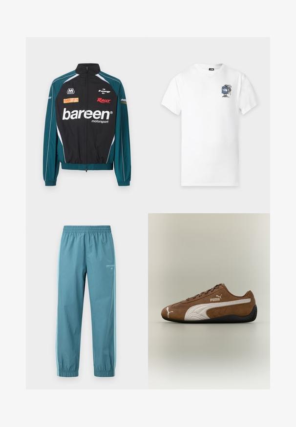 Veste de sport automobile noire et bleu sarcelle avec fermeture éclair intégrale à l'avant, logos "bareen", "Rally" et "B-energy" sur le devant et les manches.; T-shirt blanc à manches courtes avec un petit graphique représentant un randonneur tenant un panneau bleu avec le logo The North Face sur la poitrine gauche.; Pantalon de sport bleu clair avec taille et chevilles élastiques, bandes blanches sur les côtés, et logo New Balance sur le haut de la cuisse gauche.; Baskets en daim marron avec des accents blancs et un design texturé. Elles disposent d'une semelle en caoutchouc noire et d'un logo Puma proéminent sur le côté.