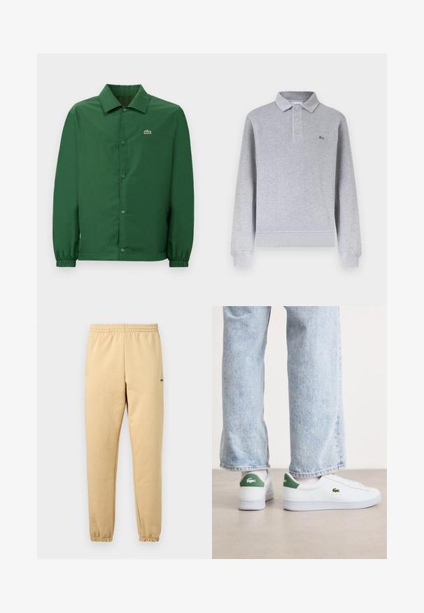 Grøn jakke med krave, frontknaplukning og elastiske ærmer. Har et lille broderet logo på venstre bryst. Glat tekstur.; Lysegrå langærmet poloshirt med ribstrikkede manchetter, tre knapper ved kraven og en lille grøn krokodillelogo på venstre bryst.; Beige joggebukser med elastisk talje og manchetter, der har en lille grøn krokodillebroderet logo på højre lår.; Hvide lædersneakers med grønne accenter på hælen og broderet logo. Glat tekstur, lavt design, parret med lyseblå jeans.