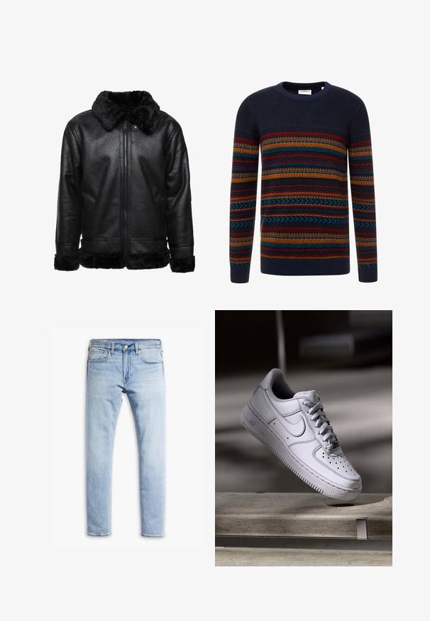 Sort kunstlæderjakke med en pelskrave, lynlås lukning og to sidelommer. Har en tekstureret overflade og kunstpelskant forneden.; Marineblå sweater med flerfarvede vandrette striber i blå, orange og rød samt geometriske mønstre. Rund hals og struktureret strikdesign.; Lysblå slim-fit denimjeans med knap- og lynlåslukning, fem-lomme stil og diskret falmning langs benene.; Hvid læder Nike Air Force 1 sneaker med perforeret tå, flade snørebånd og tekstureret gummisål med "AIR" branding på siden.