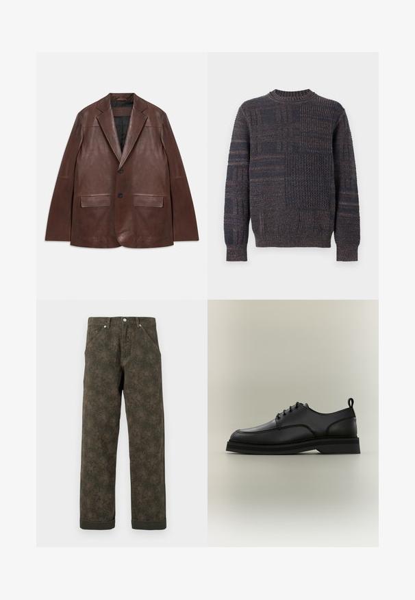 Mørkebrun læderblazer med spidse klapper, to sorte knapper, klaplommer og sort foring, lagt fladt på hvid baggrund.; Mørkegrå strikket sweater med varierede teksturmønstre, lange ærmer og ribstrikkede manchetter og kant mod hvid baggrund.; Mørkegrønne bukser med subtil blomsterprint, frontknap, lommer og opsmøgede kanter.; Sort lädersnøresko med tyk sål og trækstrop på hælen, vist i sideprofil på neutral baggrund.