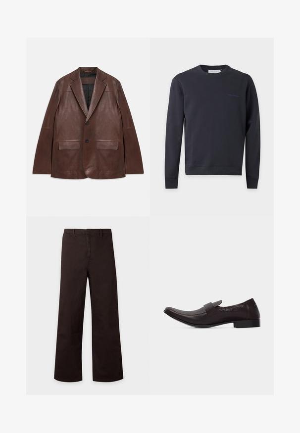 Blouson en cuir marron foncé avec revers en trou de serrure, deux boutons noirs, poches à rabat et doublure intérieure noire, posé à plat sur fond blanc.; Sweat-shirt noir à manches longues avec col rond, texte bleu minimaliste "Tiger of Sweden" sur le côté gauche de la poitrine et poignets et ourlet côtelés.; Pantalon marron foncé à jambes droites avec passants pour ceinture et fermeture éclair à l’avant, présenté sur un fond clair uni.; Mocassin pour homme en cuir brun foncé avec un talon bas, un bout carré arrondi et une bride sur le cou-de-pied, présenté en profil latéral.