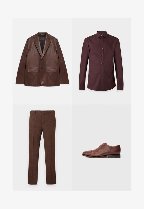 Blouson en cuir marron foncé avec revers en trou de serrure, deux boutons noirs, poches à rabat et doublure intérieure noire, posé à plat sur fond blanc.; Chemise homme à manches longues boutonnée en bordeaux foncé avec col classique, présentée sur un fond blanc uni.; Pantalon de costume marron avec passants pour ceinture et coupe droite, présenté sur un fond blanc.; Chaussure de ville Oxford en cuir brun avec bout amovible, lacets fermés et petit talon empilé sur fond blanc.