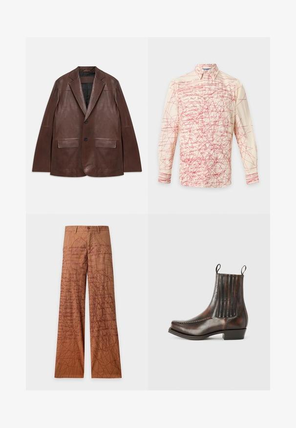 Mørkebrun læderblazer med spidse klapper, to sorte knapper, klaplommer og sort foring, lagt fladt på hvid baggrund.; Beige skjorte med lange ærmer og knapper, med røde krusseduller og kaotiske linjemønstre på foran og ærmer.; Brune bukser med lige ben med et krusedulle- og håndskrevet tekstmønster i mørkerød over hele stoffet.; Brun læder ankelstøvle med en glat overflade, elastiske sidepaneler, en rund tå, dekorativ syning og en lav blokhæl.