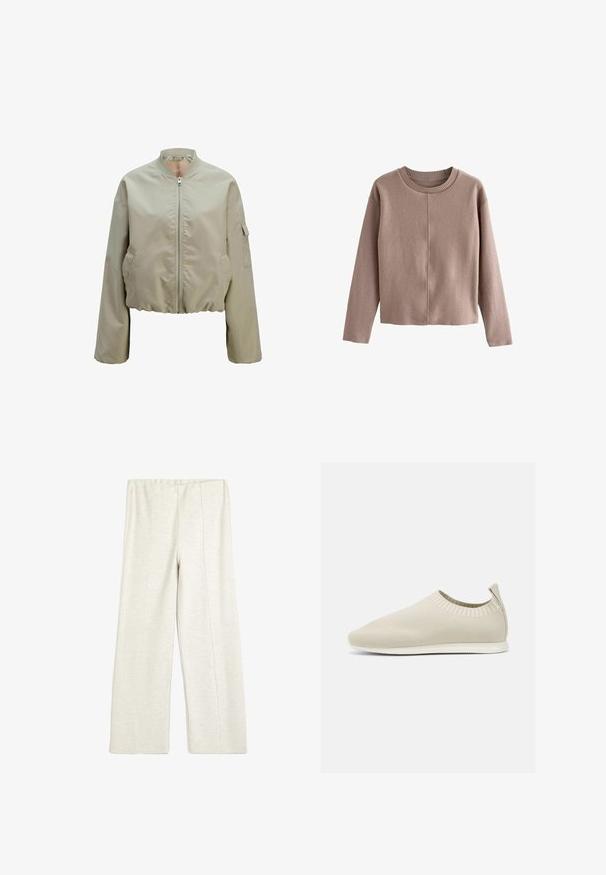 Kapuzenbomberjakke i lys beige med lynlås foran, ståkrave og sidelommer med en struktureret stoffer finish. Elastisk bund.; Lysebrune, cropped sweater i blødt stof med en rund ribbet halsudskæring og lange ærmer med en glat overflade og minimale sømme.; Koton WIDE LEG - Træningsbukser - beige; Beige strikket slip-on sko med lav profil, tekstureret overdel og fleksibel sål. Har et vævet design omkring anklene for komfort.