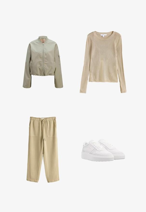 Kapuzenbomberjakke i lys beige med lynlås foran, ståkrave og sidelommer med en struktureret stoffer finish. Elastisk bund.; Beige ribstrikket langærmet sweater med rund halsudskæring og slim fit, vist fladt med synligt mærke ved kraven.; Beige afslappede bukser med elastisk taljebånd, snørelukning og to forlommer med lapper, vist på en hvid baggrund.; Hvide sneakers med en overdel i ruskind og perforeret læder, flade snørebånd, polstret krave og en tyk, struktureret gummisål.