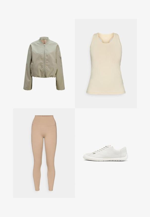 Kapuzenbomberjakke i lys beige med lynlås foran, ståkrave og sidelommer med en struktureret stoffer finish. Elastisk bund.; Lys beige top i tank top-stil lavet af glat stof. Har en scoop-neck, racerback-design og subtile syninger.; adidas Performance ALL ME SCULPT - Tights - chalky brown; Hvid lædersneaker med tekstureret overflade, seks snørehuller og en rund tå. Har en fleksibel hvid sål og minimale syningsdetaljer.