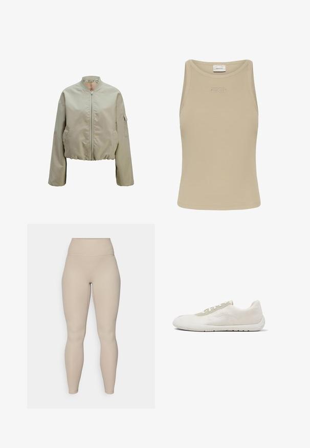 Kapuzenbomberjakke i lys beige med lynlås foran, ståkrave og sidelommer med en struktureret stoffer finish. Elastisk bund.; Beige ribbet t-shirt med en tætsiddende pasform, der har et lille broderet logo på brystet og uden ærmer. Glat tekstur med rund halsudskæring.; Beige høj talje leggings med ribbet tekstur, der har en glat talje og tætsiddende ben, designet til komfort og fleksibilitet.; Lavprofileret hvid sneaker med strikket overdel, lysegråt øjestykke, hvide snørebånd og fleksibel gummisål, set fra skoens yderside.