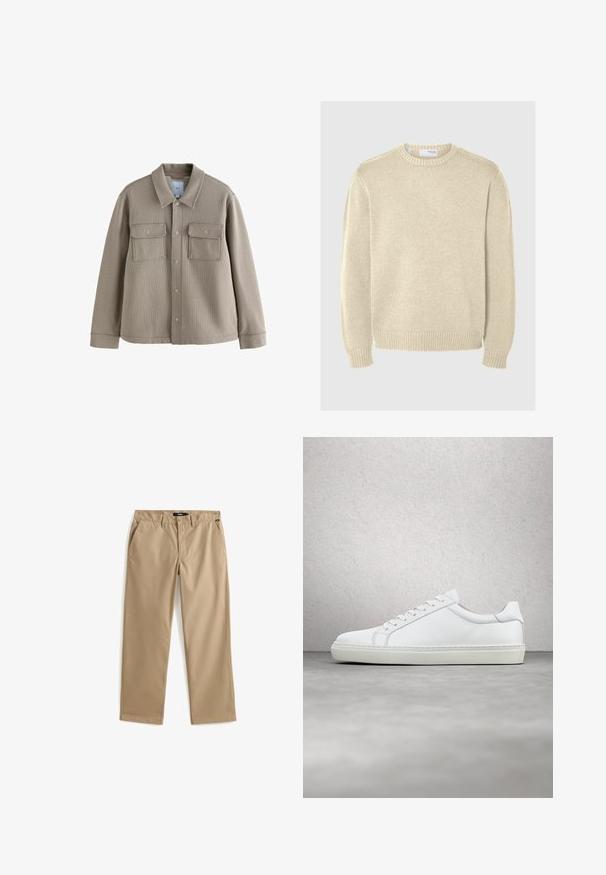 Veste en toile beige avec un col, fermeture à boutons à l'avant et deux poches poitrine. Fabriquée en tissu tissé avec des détails de couture remarquables.; Pull en maille beige clair avec un col rond, des manches longues, des poignets et un ourlet côtelés. Texture lisse avec un motif de moyenne épaisseur.; Pantalon beige à jambes droites avec fermeture à bouton et fermeture éclair, passants de ceinture et poches latérales, posé à plat sur un fond blanc.; Sneaker blanche avec une tige en cuir lisse et un profil bas. Présente un bout arrondi, six œillets et une semelle en caoutchouc texturé.